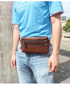 Men genuine leather waist bag multifunctional multi-pocket casual fanny pack brown chest bag