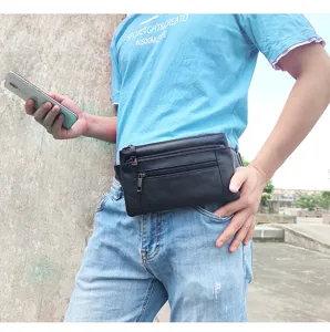 Men's genuine leather waist bag and chest bag, multi-pocket design for daily outdoor use.