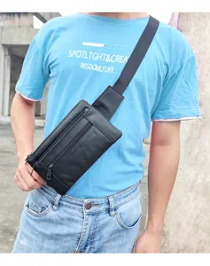Men's genuine leather chest bag casual multi-pocket waist bag stylish black cowhide crossbody bag