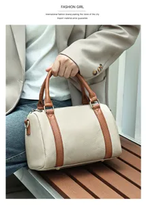 Genuine leather women handbag, elegant pillow shoulder bag with contrast color design.