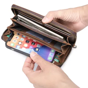 Mens Vintage Genuine Leather Clutch Bag Business Casual Large Capacity Envelope Bag Waterproof Handbag With Wrist Strap