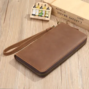Men's vintage genuine leather long wallet business casual clutch bag with wrist strap