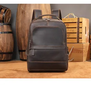 Vintage Crazy Horse Leather Backpack for Men, Casual Travel Laptop Bag and Business Rucksack.