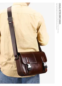 Vintage men's leather messenger bag with dual buckles and adjustable strap for casual daily use.