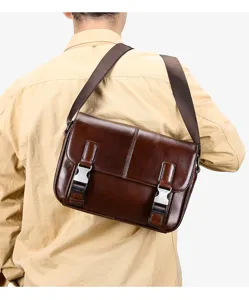 Men's genuine leather messenger bag, large capacity vintage brown crossbody bag for daily use.