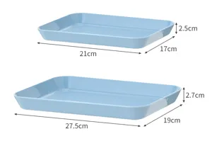 Light blue plastic serving tray set, rectangular fruit salad and dessert dish with sizes.