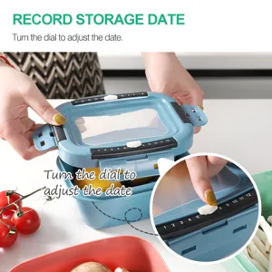 Detail view of square sealed food storage container with date dial for fridge and microwave.