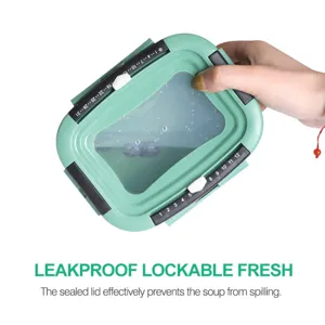 Green rectangular plastic food storage container with date dial and transparent lid window