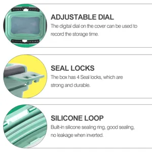Square fridge storage box detail showing time dial, 4 seal locks and silicone sealing loop.