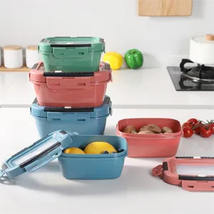 Square sealed fridge storage box with time record, stackable plastic food container set for kitchen.