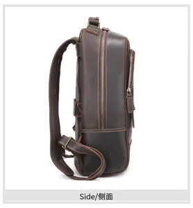 Men's vintage crazy horse leather backpack, casual business laptop travel bag side view.