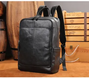 Zaino per laptop da lavoro in vera pelle da uomo, borsa porta pc nera in pelle di bovino.