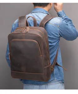 Vintage crazy horse leather backpack for men, retro cowhide travel laptop bag daily use.