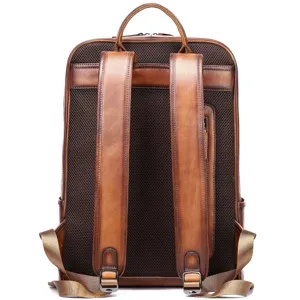 Zaino da lavoro in vera pelle da uomo, borsa per laptop da 15.6 pollici vintage.