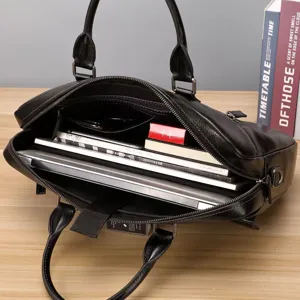 Maletin de negocios de cuero genuino para hombre gran capacidad bolso casual negro