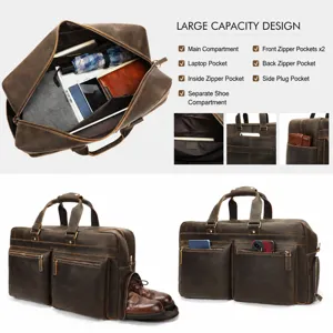 Sac de Voyage Rétro en Cuir Véritable Grande Capacité Duffle Bag Avec Compartiment à Chaussures pour Hommes Bagages d'Affaires