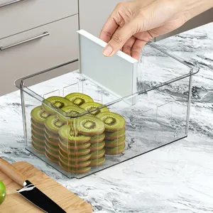 Transparente Kühlschrank Aufbewahrungsbox mit verstellbaren Trennwänden für Obst und Speisen.
