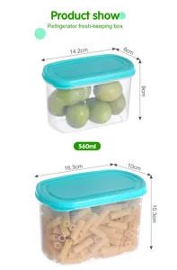 Transparent plastic food storage box with green lid for refrigerator and kitchen organization.
