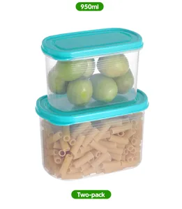 Detail shot of transparent plastic food storage container with turquoise lid holding green olives.