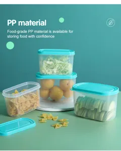 Detail view of food storage container setup showing clear PP box with cyan lid and food.