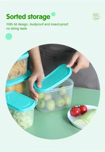 Transparent plastic food storage container with lid for kitchen refrigerator sorting and organization.