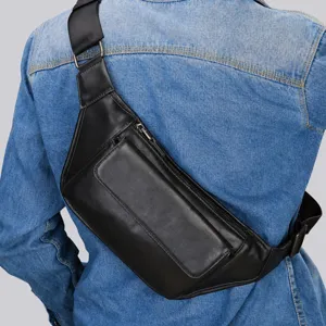 Mens Genuine Leather Chest Bag Waterproof Wear Resistant Casual Crossbody Bag Large Capacity Business Shoulder Bag