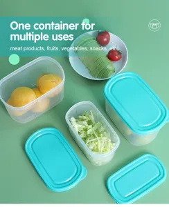 Clear plastic food storage container with teal lid for kitchen fridge organization and snacks.