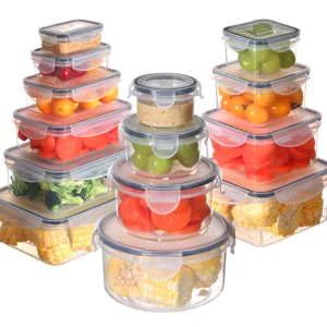 Clear plastic food storage containers set with airtight lids for kitchen fridge organization.