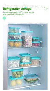 Detailed view of clear plastic food storage boxes organized neatly inside kitchen refrigerator.