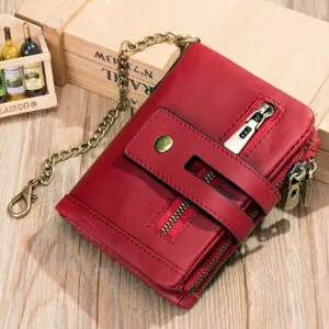 Portafoglio Corto in Vera Pelle Anti-RFID da Uomo Vintage Bifold Portacarte Tasca Portamonete Con Catena