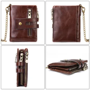 Portafoglio uomo in pelle corto vintage marrone multifunzione catena cerniera