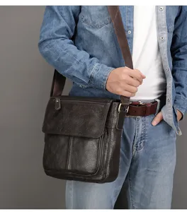 Sac bandoulière homme en cuir véritable marron rétro grande capacité rabat sac noir