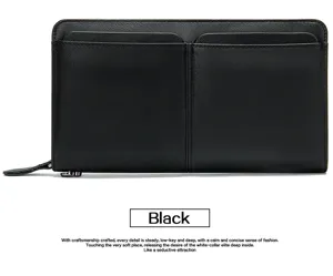 Cartera de cuero negro hombre negocio bolso largo con dos bolsillos frontales y cremallera