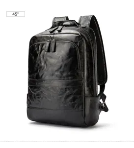 Classic black leather men's backpack showing 45-degree detail view, large capacity.