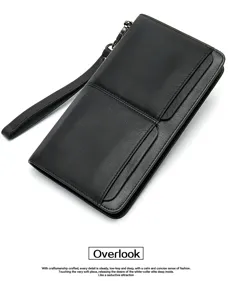 Monedero largo de cuero negro para hombre con correa de muñeca y bolsillos dobles.