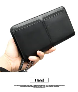 Cartera larga de cuero genuino para hombre, diseño de doble bolsillo con tarjeteros y correa.
