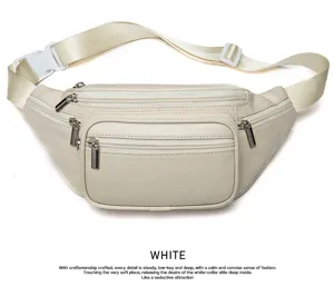 Detail view of multi-zipper genuine leather waist bag showing fine texture and sturdy hardware.