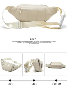 Leather waist bag detail view showcasing multiple zipper pockets, adjustable strap and hardware.