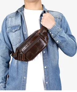 Retro genuine leather men chest bag, multi-functional casual waist bag, cowhide crossbody.