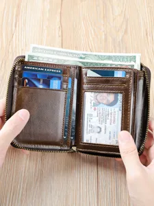 Portefeuille zippé en cuir véritable avec plusieurs fentes pour cartes et fenêtres ID