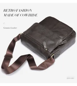 Gros plan détaillé du sac bandoulière en cuir véritable pour homme avec bandoulière.