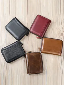 Portefeuille en cuir véritable porte-cartes pour hommes et femmes, zippé en cuir de vache