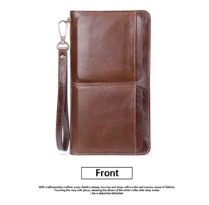 Monedero largo de cuero para hombre bolso de mano de negocios doble bolsillo con correa marrón