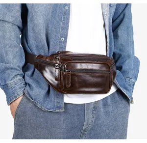 Men's vintage genuine leather waist bag detail, multi-pocket crossbody chest pack.