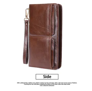 Cartera larga de cuero genuino para hombre bolso de mano con doble bolsillo y correa.