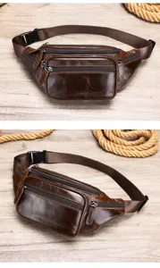 Detail view of vintage genuine leather waist bag, men's multi-pocket chest pack.
