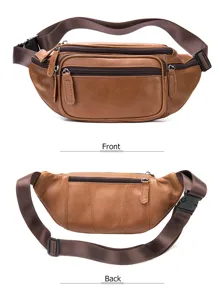 Vintage leather waist bag for men, multi-pocket chest bag with adjustable strap.