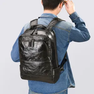 Men's Genuine Leather Business Casual Backpack Large Capacity Travel Laptop Bag Hand-Grab Texture Waterproof School Bag