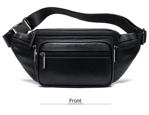 Men's genuine leather waist bag multifunctional crossbody chest bag with multiple zipper pockets.