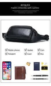 Men genuine leather waist bag vintage casual chest fanny pack multi pocket capacity detail